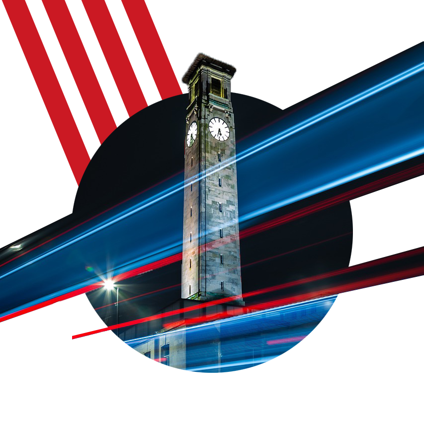 a logo with a cutout of the sea city museum clock tower in southampton, at night, with lights streaming past, plus red diagonal lines